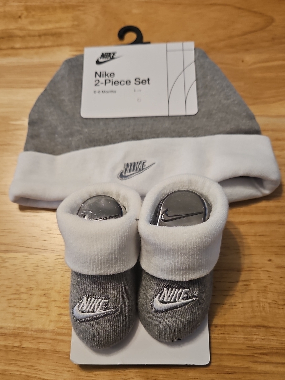 Nike Gray and White Baby Hat & Booties Set